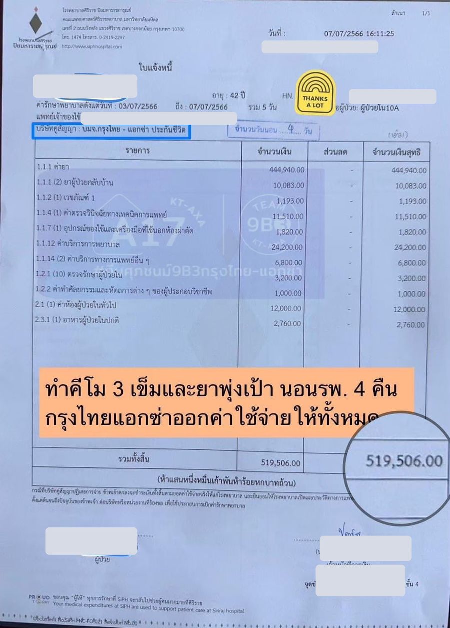 ใบสรุปค่ารักษา เคมีบำบัดและยาพุ่งเป้า ปิดข้อมูลส่วนตัวแล้ว
