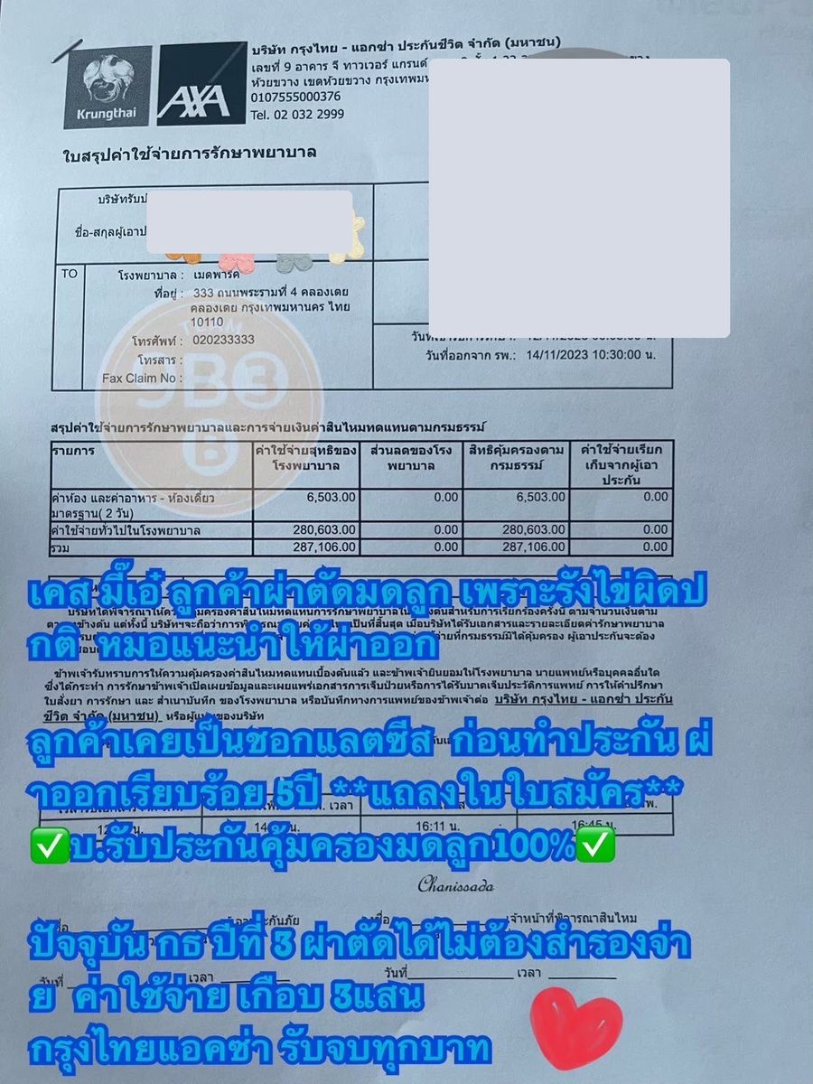 ใบสรุปค่ารักษา ผ่าตัดมดลูก ปิดข้อมูลส่วนตัวแล้ว
